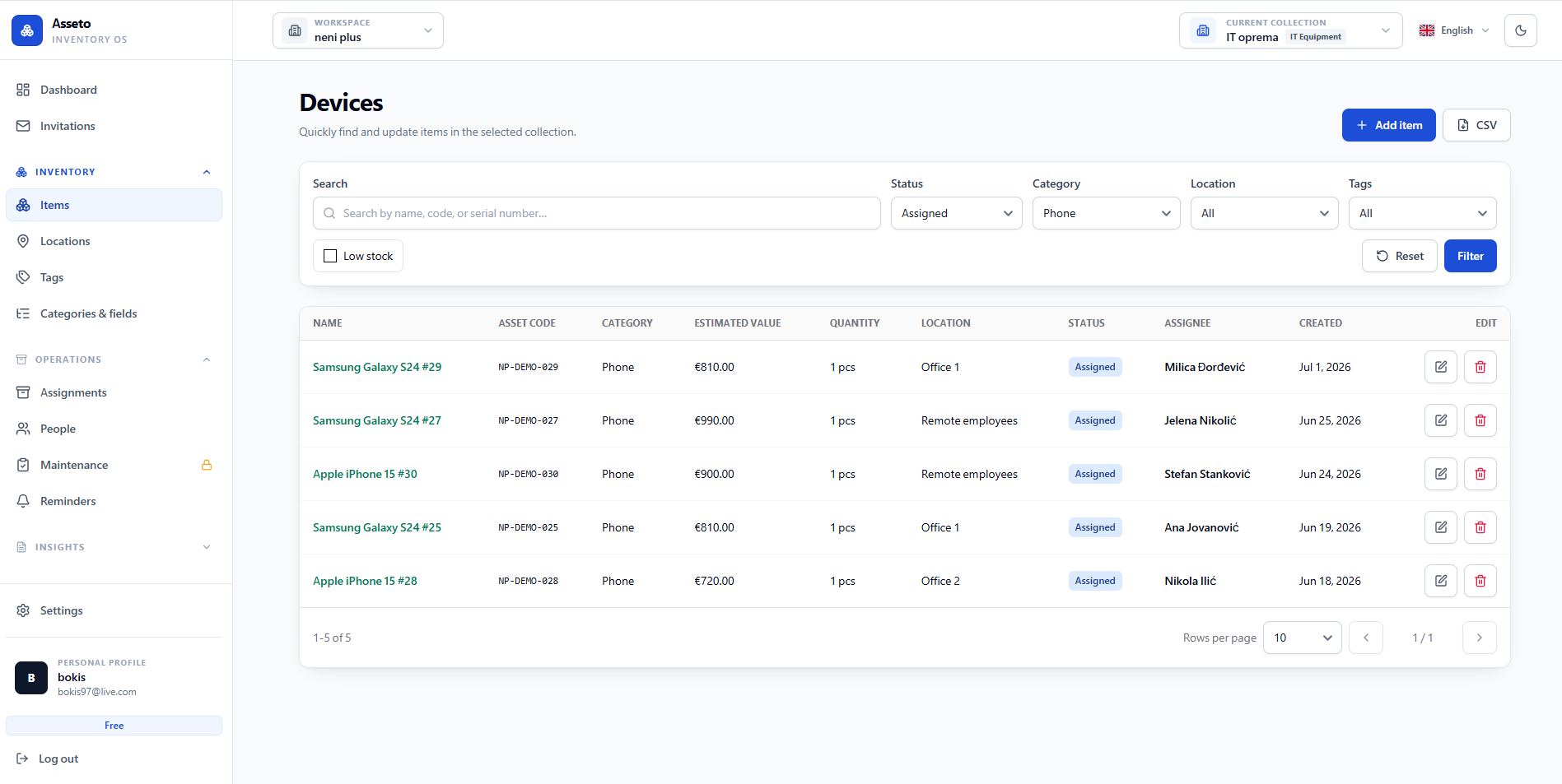 Asseto inventory table with filters